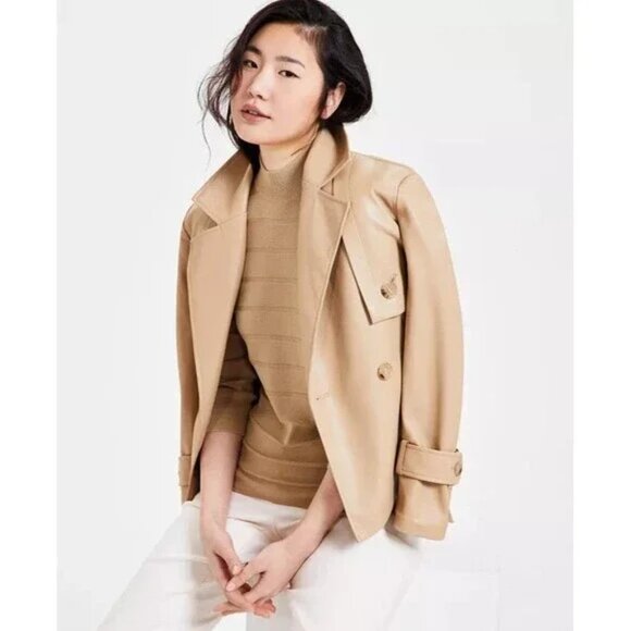Anne Klein Womens Faux-Leather Belted Trench Jacket Cream 14 NEW - Picture 2 of 3